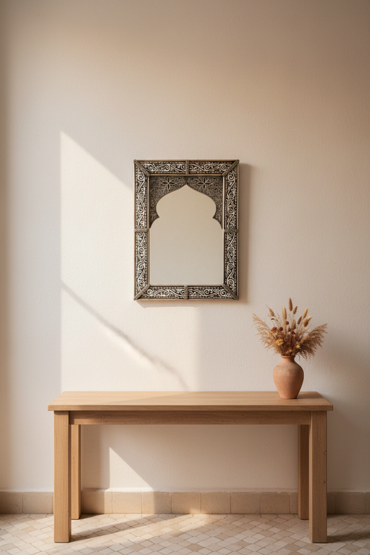 Espejo árabe de alpaca tallada colgado en pared encalada andalusí, decoración morisca minimalista con jarrón de barro