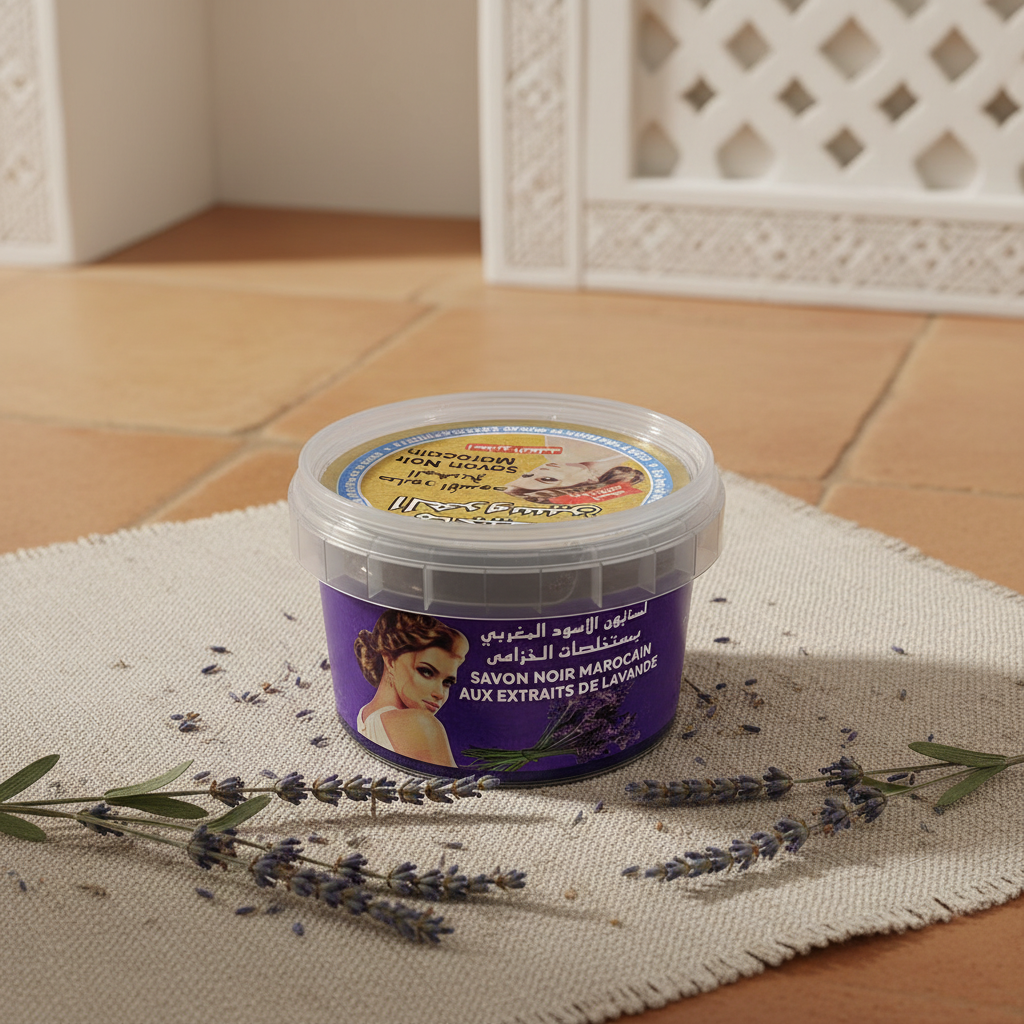 Jabón negro beldi marroquí con lavanda en ambiente hammam andalusí, con flores de lavanda y tela de lino natural