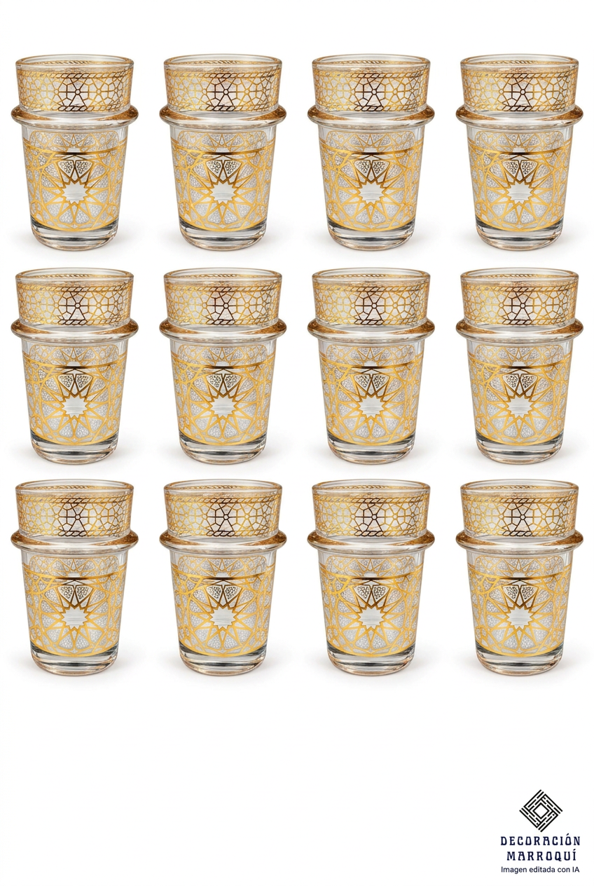 Pack de 12 vasos de té de vidrio con diseño geométrico dorado de 100 ml; imagen editada con IA