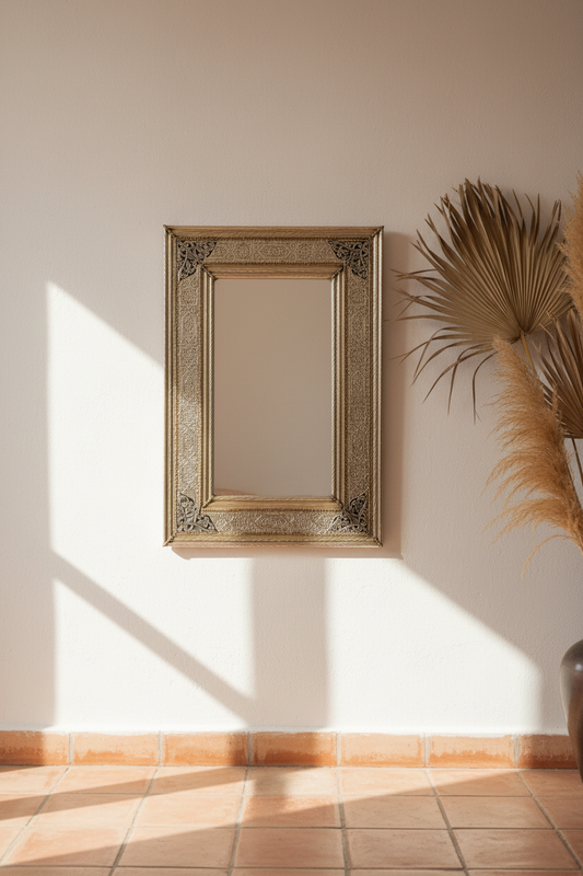 Espejo marroquí de alpaca repujada en interior andalusí minimalista, decoración árabe artesanal