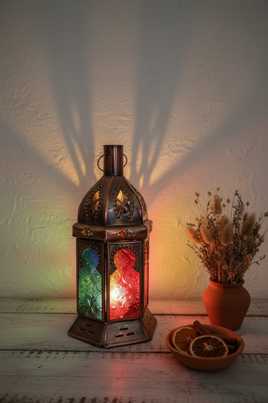 Dos faroles marroquíes hexagonales encendidos en interior andalusí minimalista, luz cálida con reflejos de colores en la pared