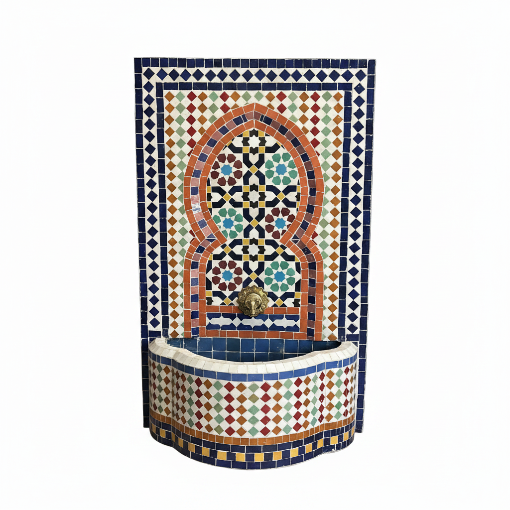 Fuente de mosaico marroquí naranja rojo azul con patrón de estrellas – fondo blanco