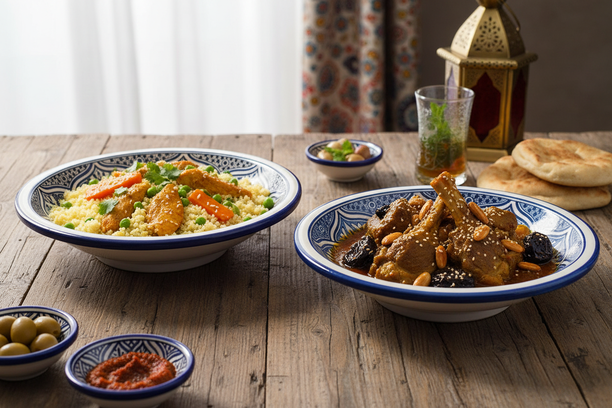 Still life platos hondos cerámica Fez azul y blanco con comida marroquí - ambiente tradicional vajilla artesanal