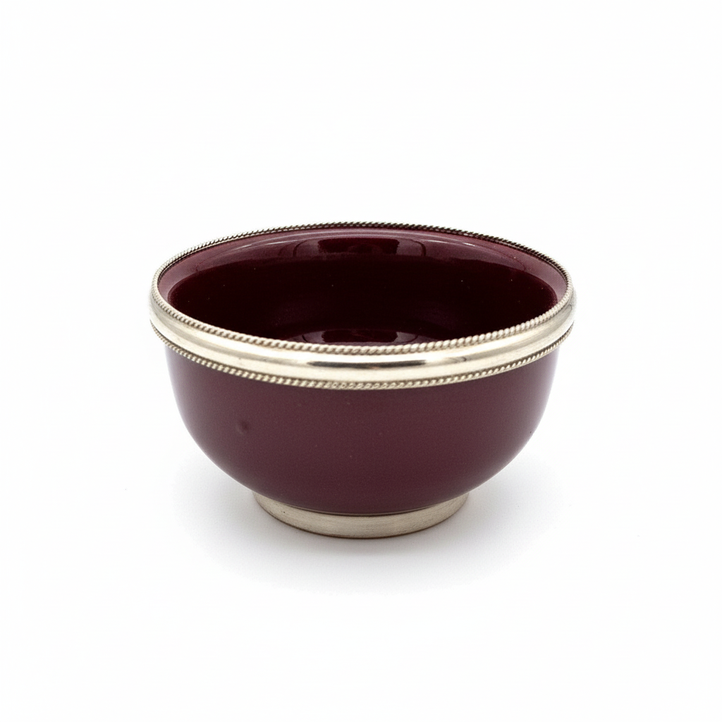 Cuenco especiero artesanal granate oscuro con borde alpaca plateada - cerámica marroquí Kadah decoración elegante cocina