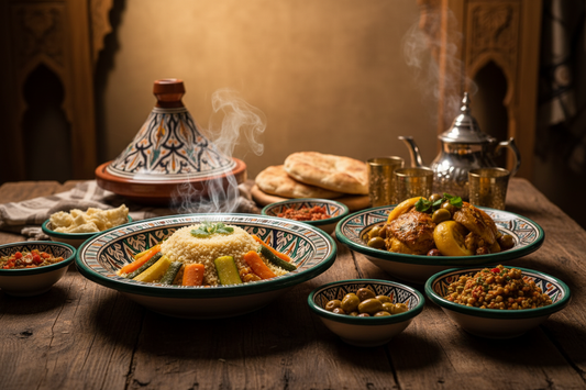 Still life platos hondos árabes cerámica Fez con comida marroquí tradicional - ambiente auténtico vajilla artesanal