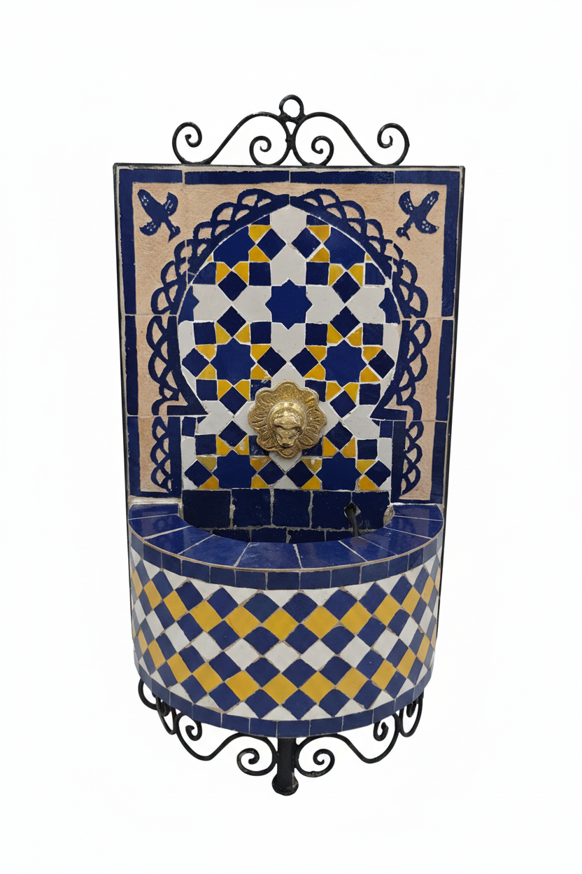 Fuente de Mosaico Morisco Andalusí – Modelo Al-Zahra XS | Azul, Amarillo y Blancol