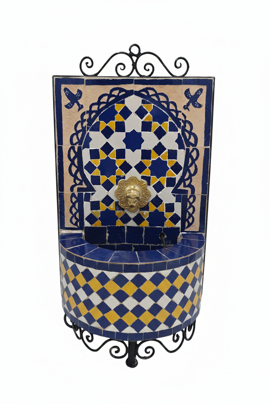 Fuente de Mosaico Morisco Andalusí – Modelo Al-Zahra XS | Azul, Amarillo y Blancol
