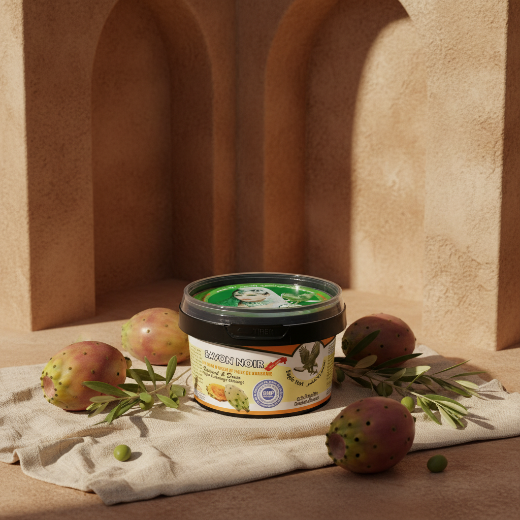 Jabón negro beldi marroquí con higo chumbo en ambiente hammam andalusí, con fruta de cactus y rama de olivo sobre lino natural