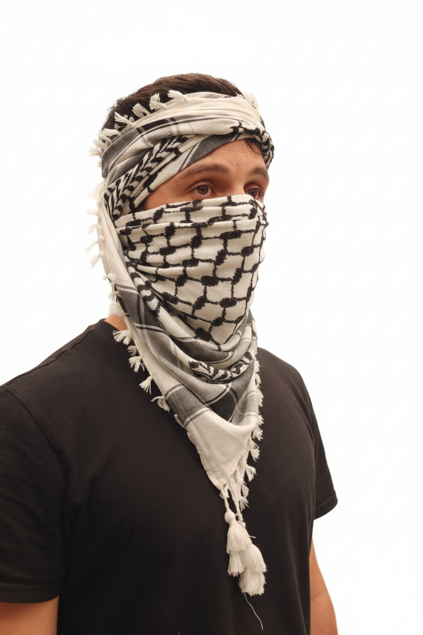 Kufiya palestina blanco y negro envuelta al estilo nómada del desierto, cubriendo cabeza y rostro, 100% algodón con flecos, fondo blanco
