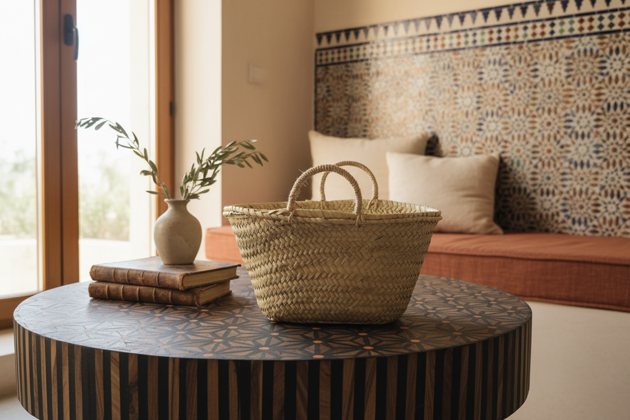 Capazo de palma natural en interior andalusí con azulejos de zellige