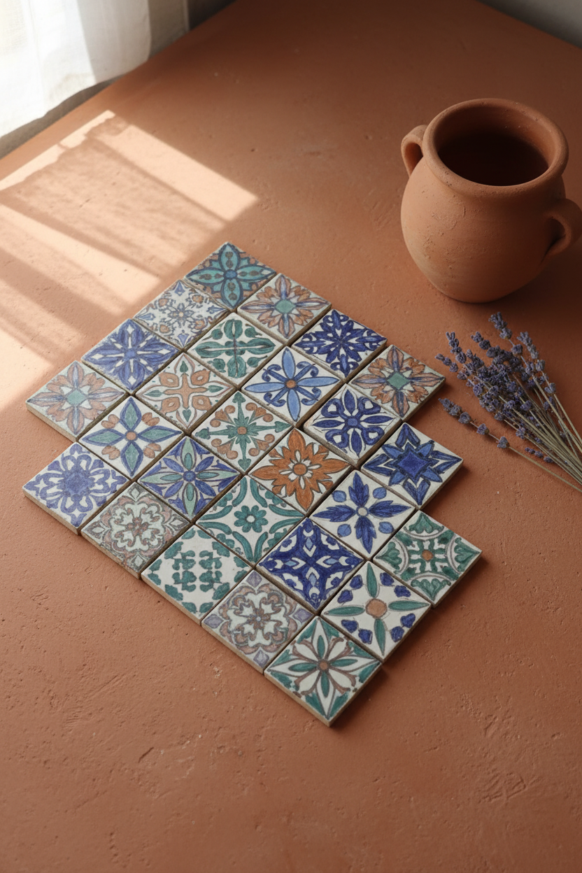 Azulejos andalusís mini artesanales marroquíes en escena lifestyle sobre superficie de terracota con lavanda y jarra de barro