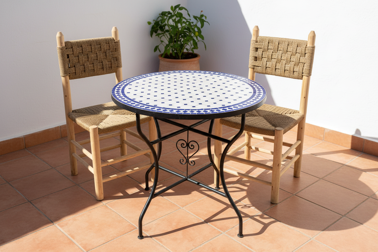 Mesa de mosaico zellige azul con sillas marroquíes de eucalipto y palma trenzada en patio andalusí