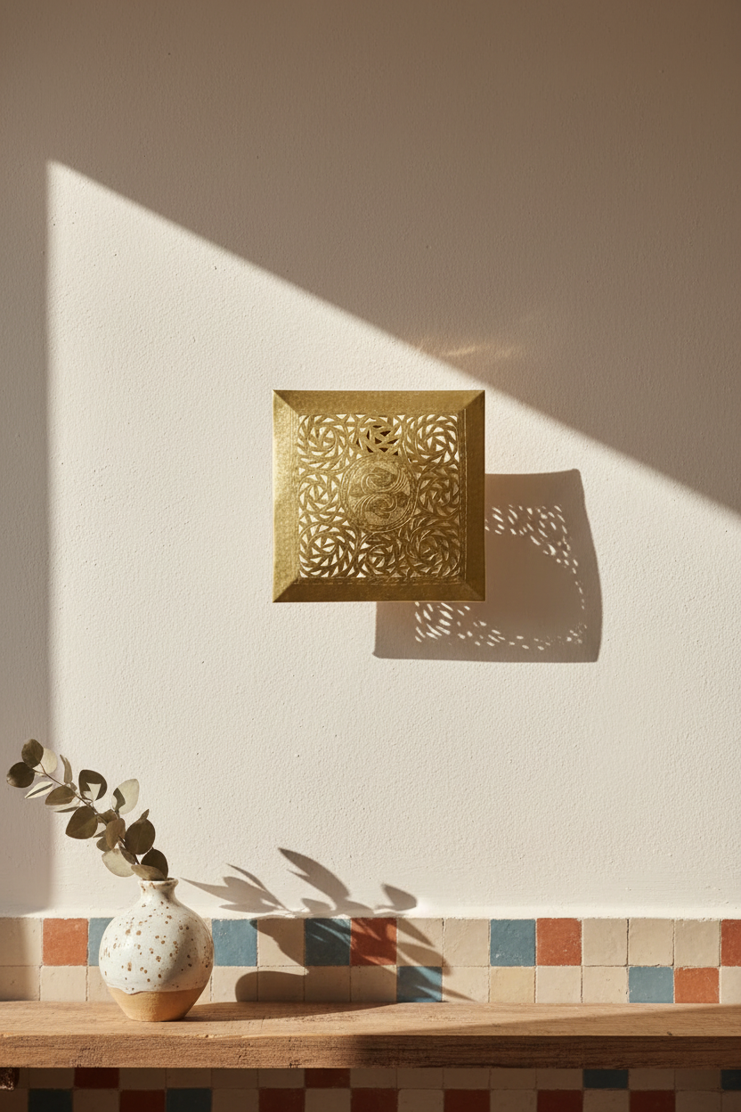 Aplique árabe cuadrado de latón dorado instalado en pared de tadelakt en ambiente andalusí con luz natural