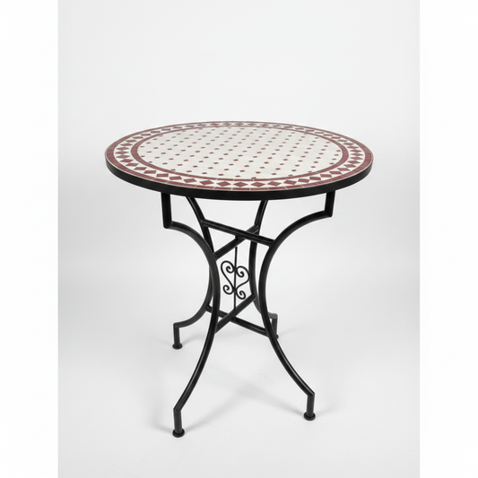 Mesa de mosaico marroquí zellige granate sobre fondo blanco, fotografía de producto profesional