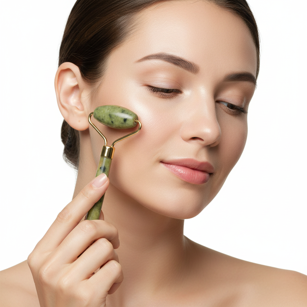 Mujer aplicando rodillo facial de jade en la mejilla con movimiento ascendente - técnica correcta de uso para masaje facial antiarrugas