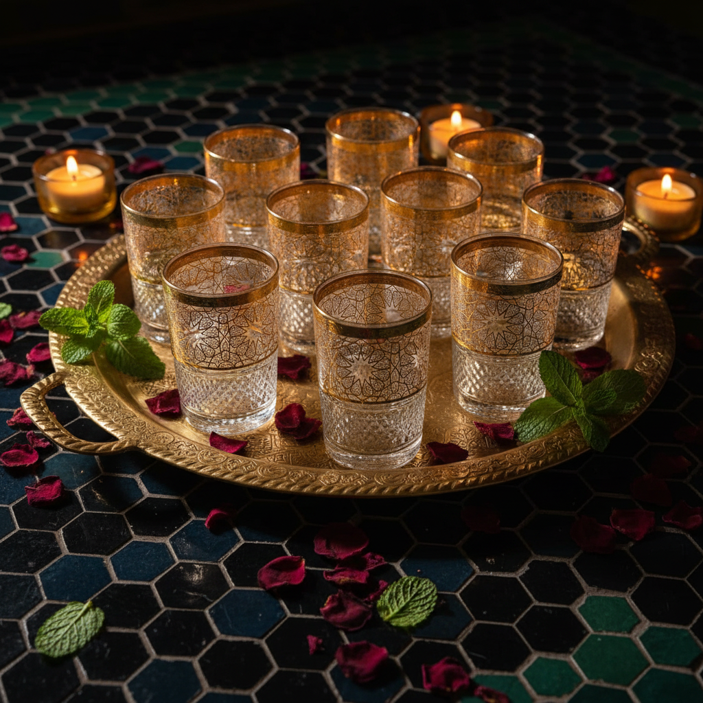 12 vasos de té marroquí con grabado dorado dispuestos en ambiente lifestyle andalusí con bandeja de latón y pétalos de rosa