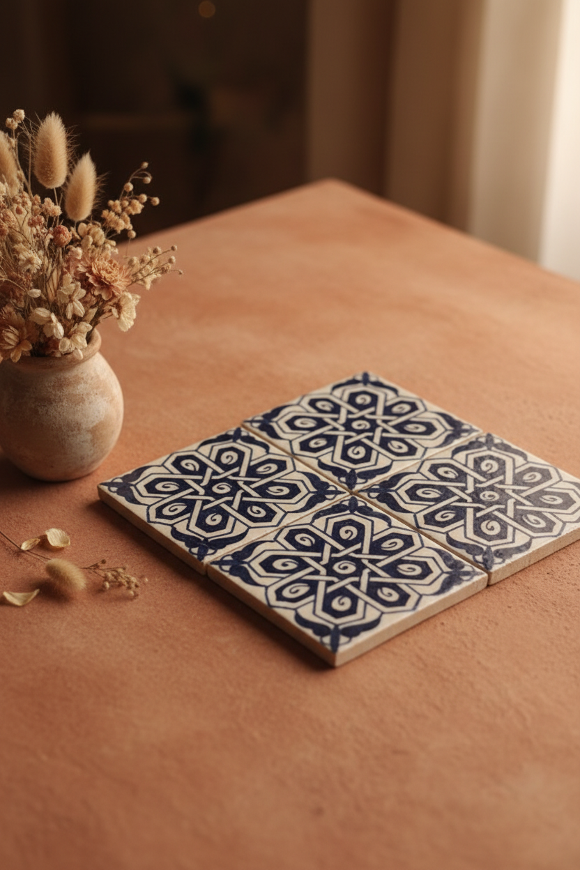 Azulejos andalusíes Nasrid artesanales en escena lifestyle sobre superficie de terracota con jarra de barro y flores secas