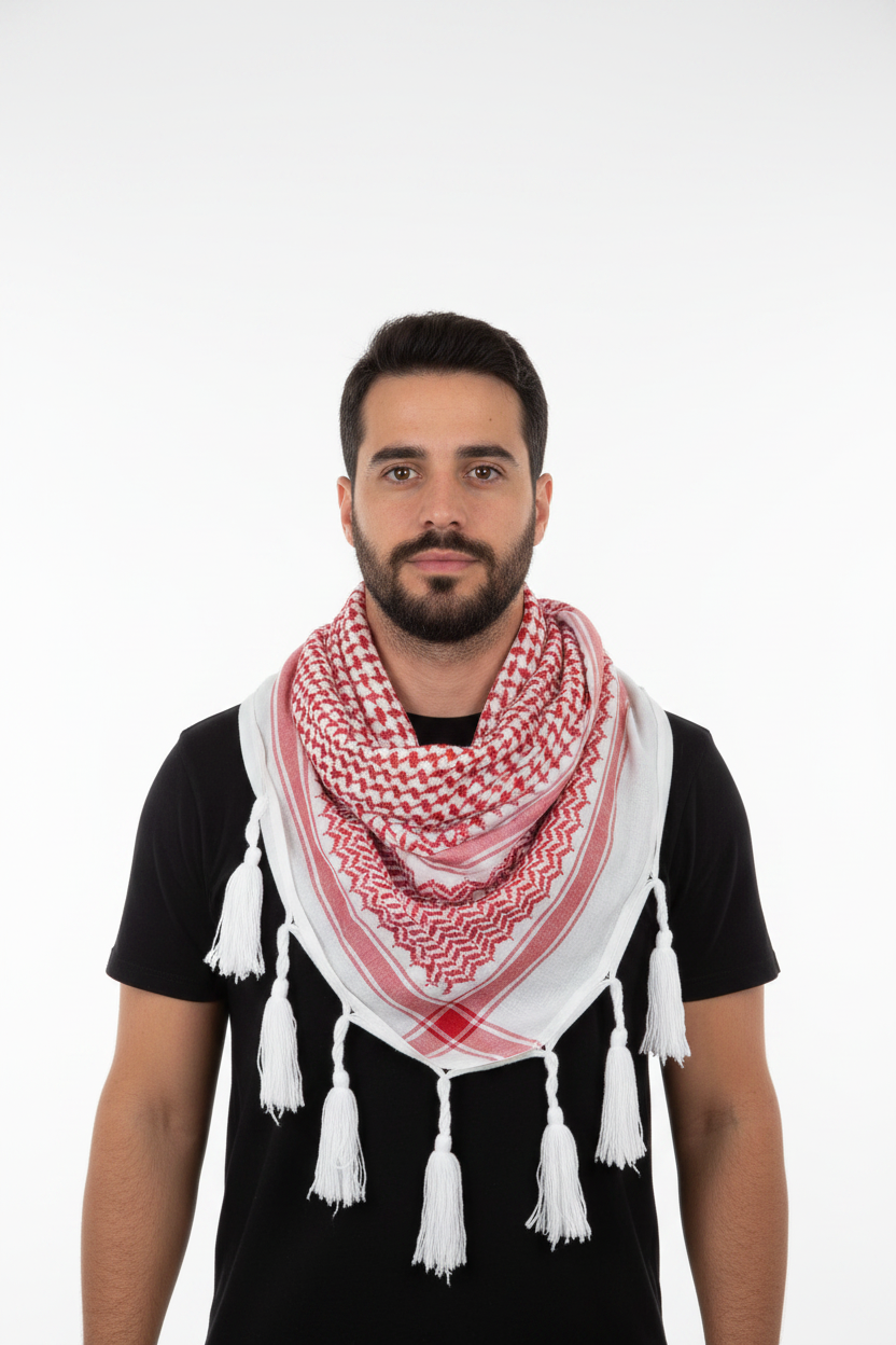 Kufiya palestina rojo y blanco 100% algodón con flecos, 120x120 cm, sobre modelo masculino con fondo blanco studio