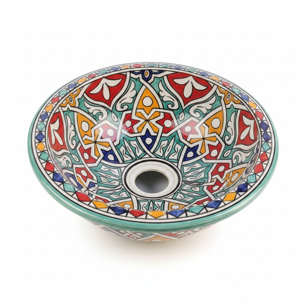 Lavabo marroquí de cerámica multicolor con diseños geométricos en rojo, verde, azul y naranja pintados a mano en Fez – fondo blanco