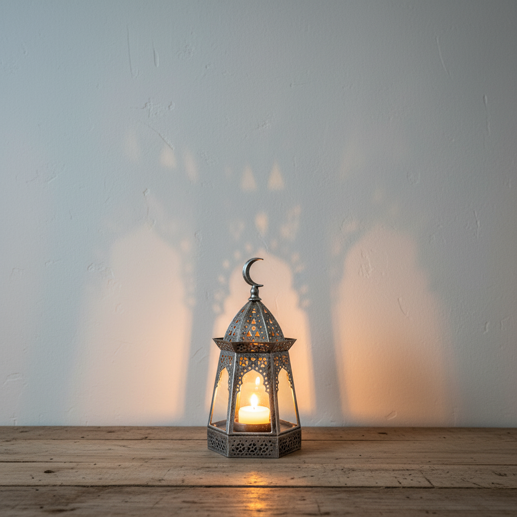 Farolillo árabe plateado lifestyle, vela encendida, decoración Ramadán ambiente andalusí