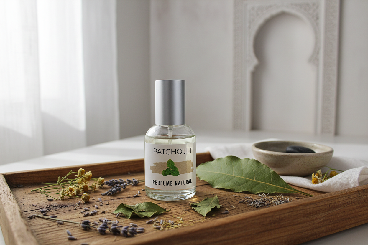 Perfume pachulí natural sobre bandeja rústica con hierbas secas - estética andalusí