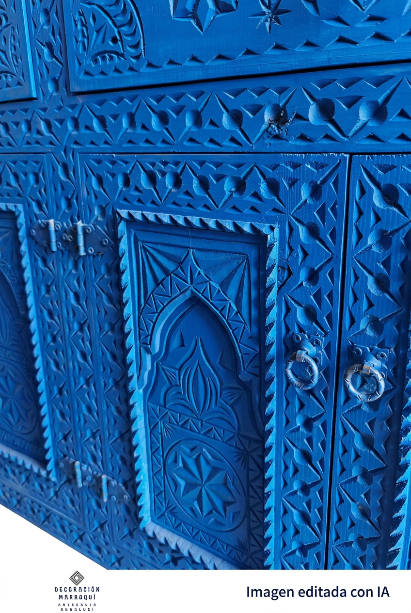 Detalle de puertas del aparador azul con arcos y cenefas de madera tallada sobre fondo blanco