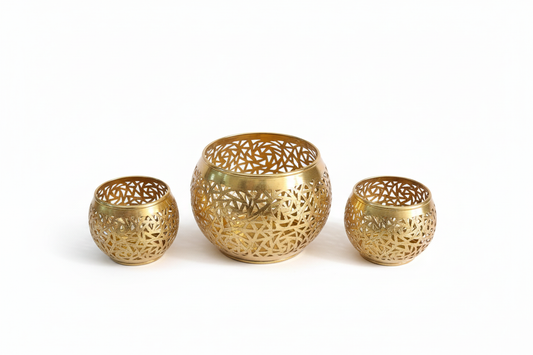 Portavelas de latón calado dorado marroquí en 3 tamaños - Pequeño 9cm, mediano 10cm, grande 12cm