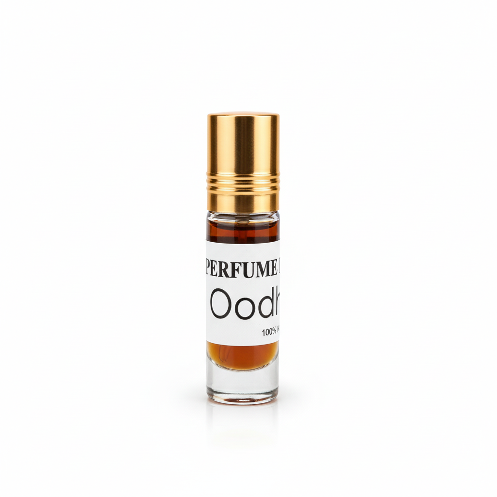 Perfume oud roll-on natural 6ml con tapa dorada sobre fondo blanco - aceite esencial oodh agarwood