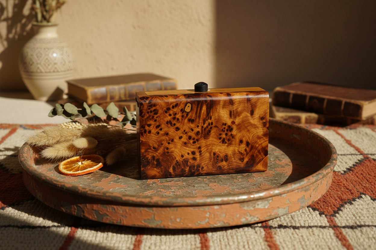 Caja sorpresa de madera de tuya marroquí en ambientación lifestyle andalusí con decoración artesanal