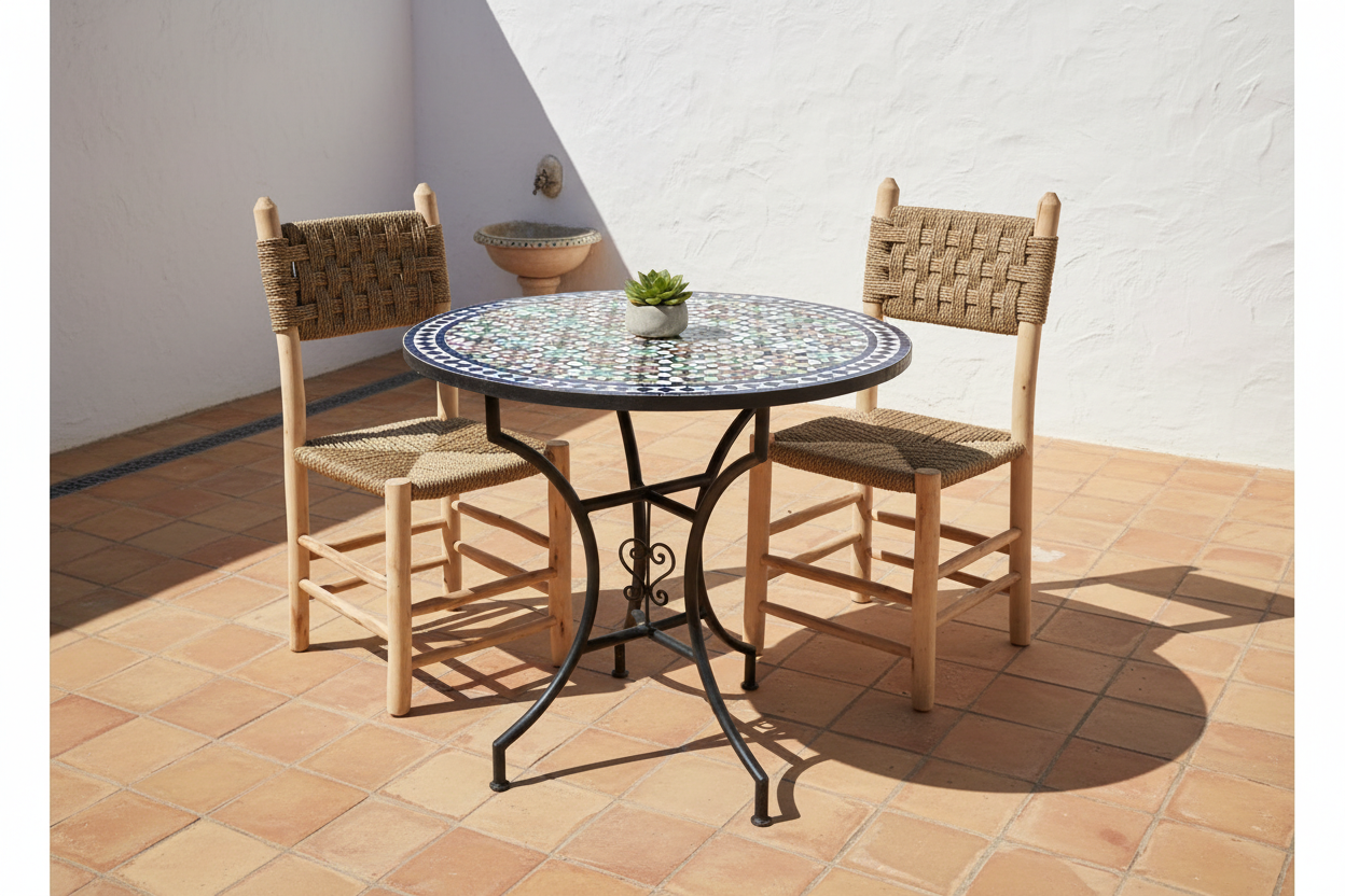 Mesa de mosaico zellige multicolor con sillas marroquíes de eucalipto y palma trenzada en patio andalusí