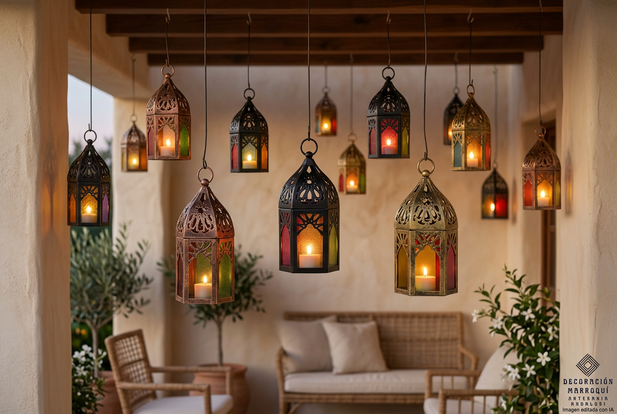 Ambientación de terraza con varios packs de farolillos colgados e iluminación cálida. Imagen editada con IA.