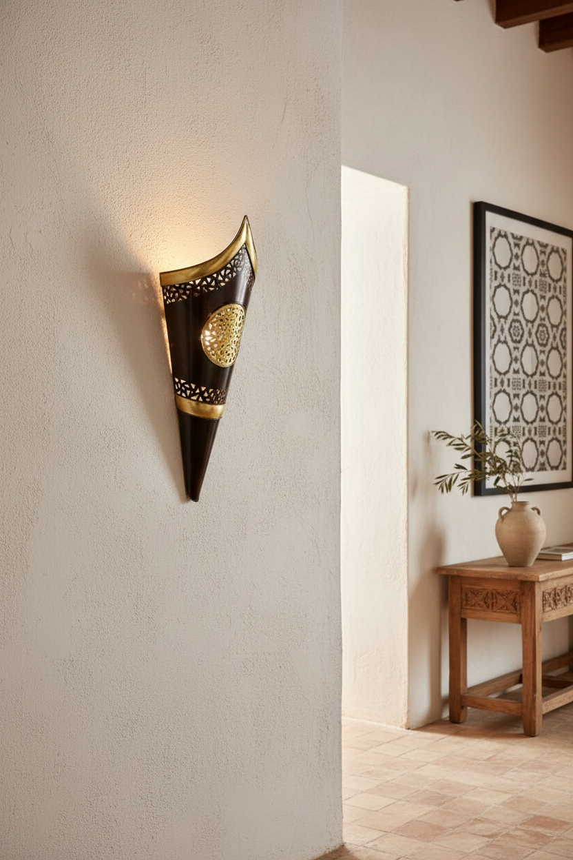 Aplique árabe cónico de cobre y latón instalado en pared de tadelakt en ambiente andalusí con luz natural