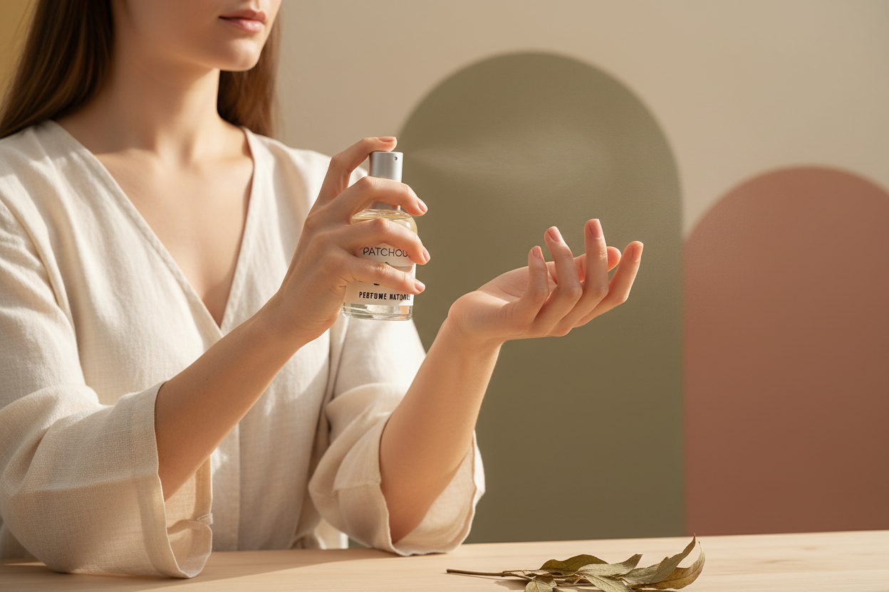 Mujer aplicando perfume natural de pachulí en muñeca - cosmética natural marroquí
