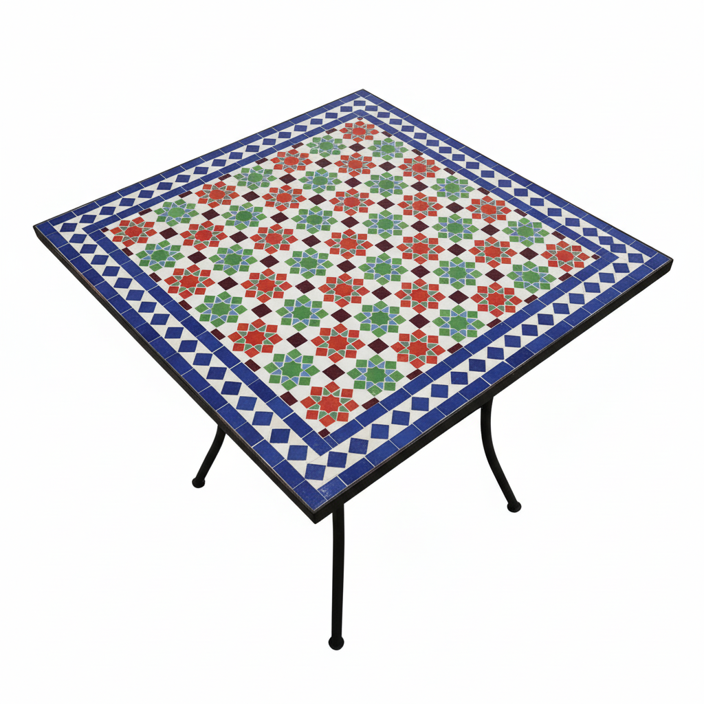Mesa mosaico marroqui 60x60cm zellige Fez sobre fondo blanco - artesania andalusi jardin terraza