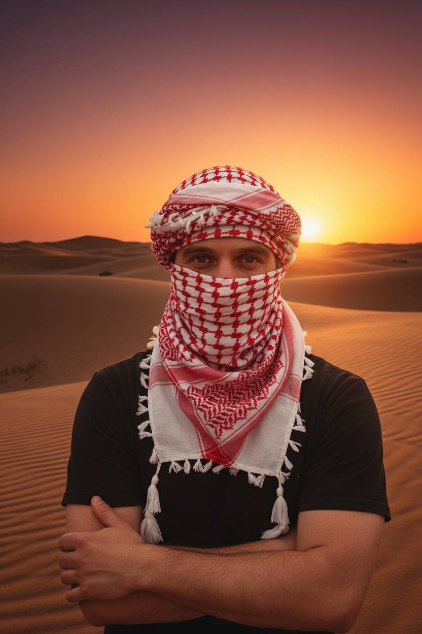 Hombre con kufiya palestina rojo y blanco cubriendo rostro al estilo tuareg, dunas de arena al atardecer, keffiyeh 120x120 cm