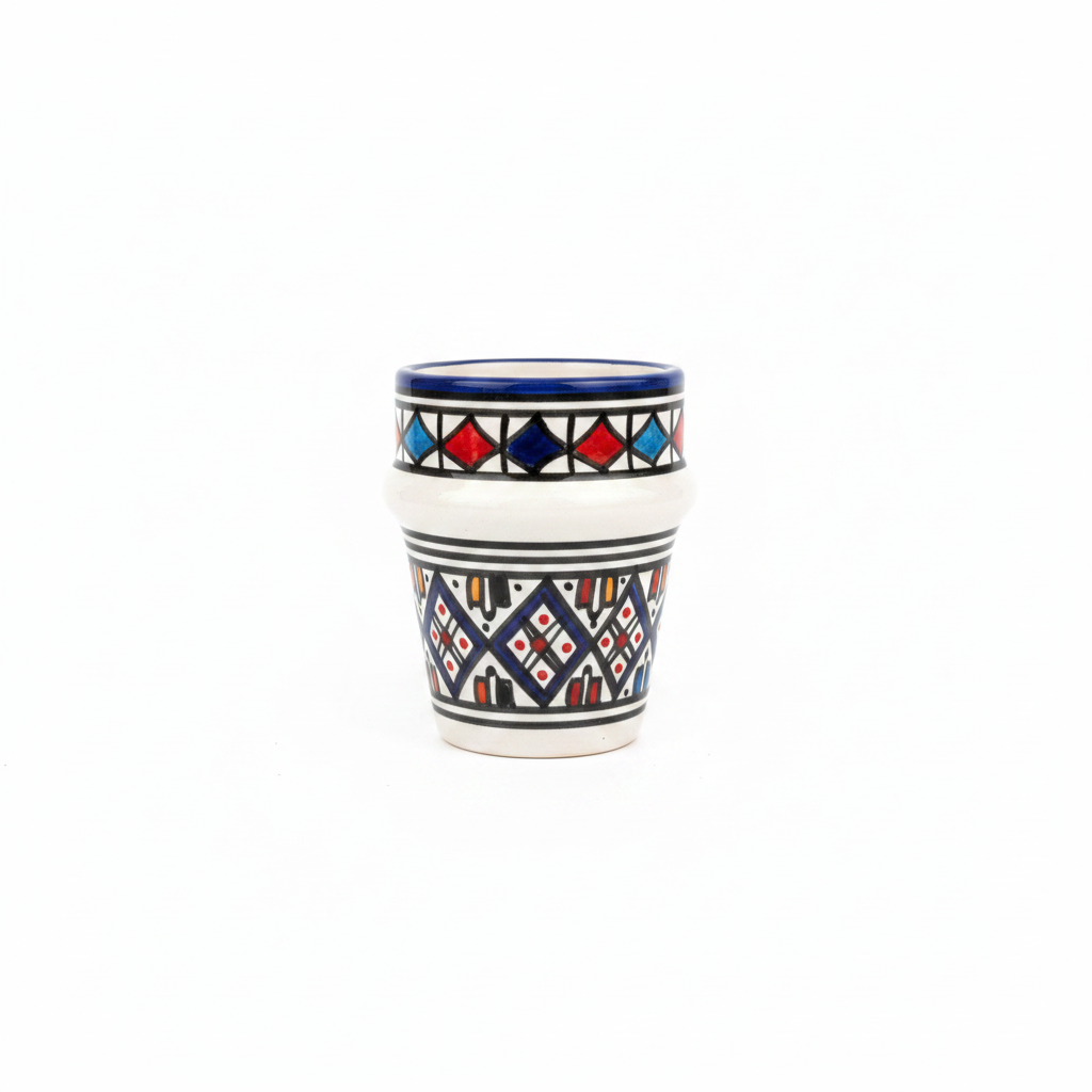 Vaso Beldi marroquí de cerámica sobre fondo blanco, foto de producto ecommerce