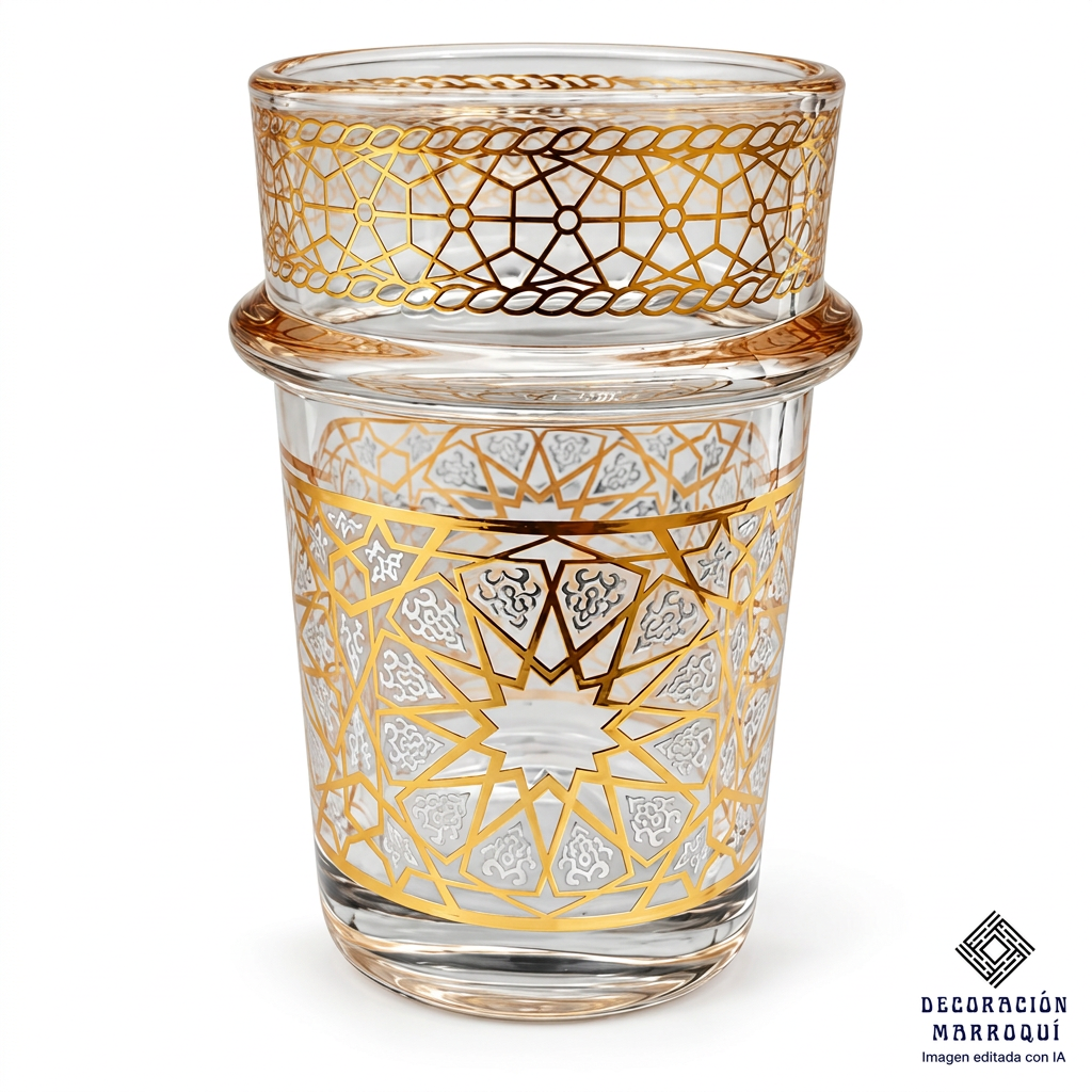 Detalle de vaso de té de vidrio con diseño geométrico dorado de 100 ml; imagen editada con IA