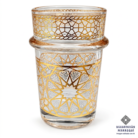 Detalle de vaso de té de vidrio con diseño geométrico dorado de 100 ml; imagen editada con IA
