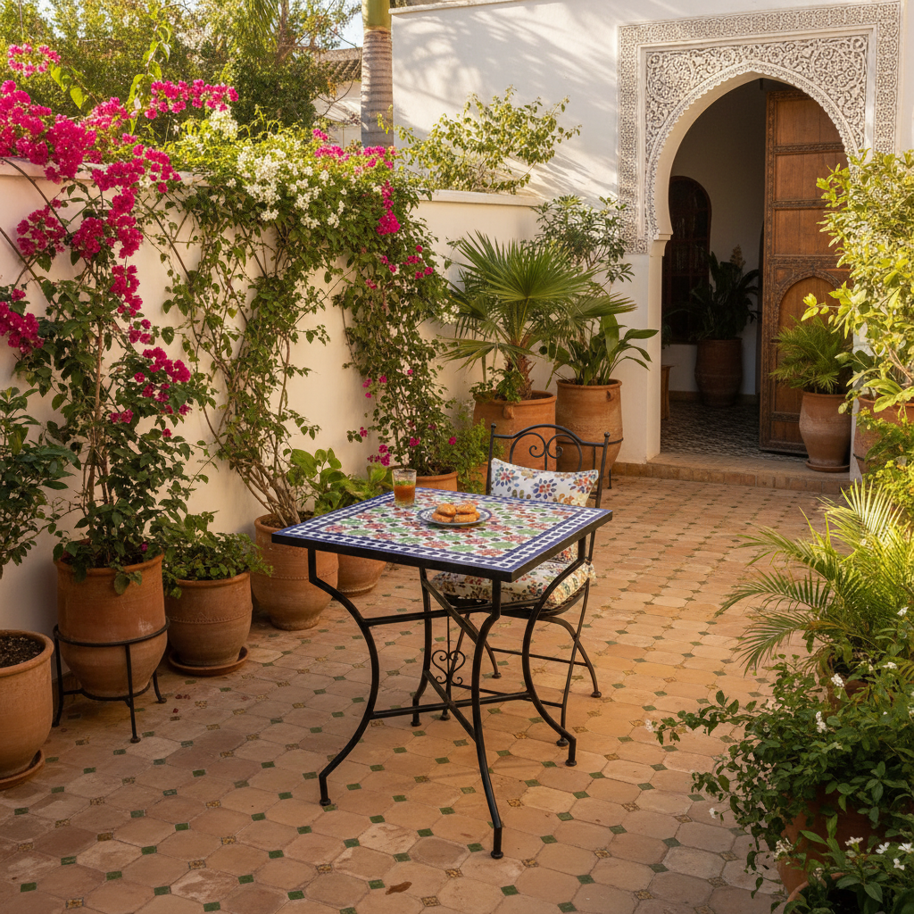 Mesa mosaico marroqui en terraza jardin con plantas - estilo andalusi zellige Fez 60x60cm