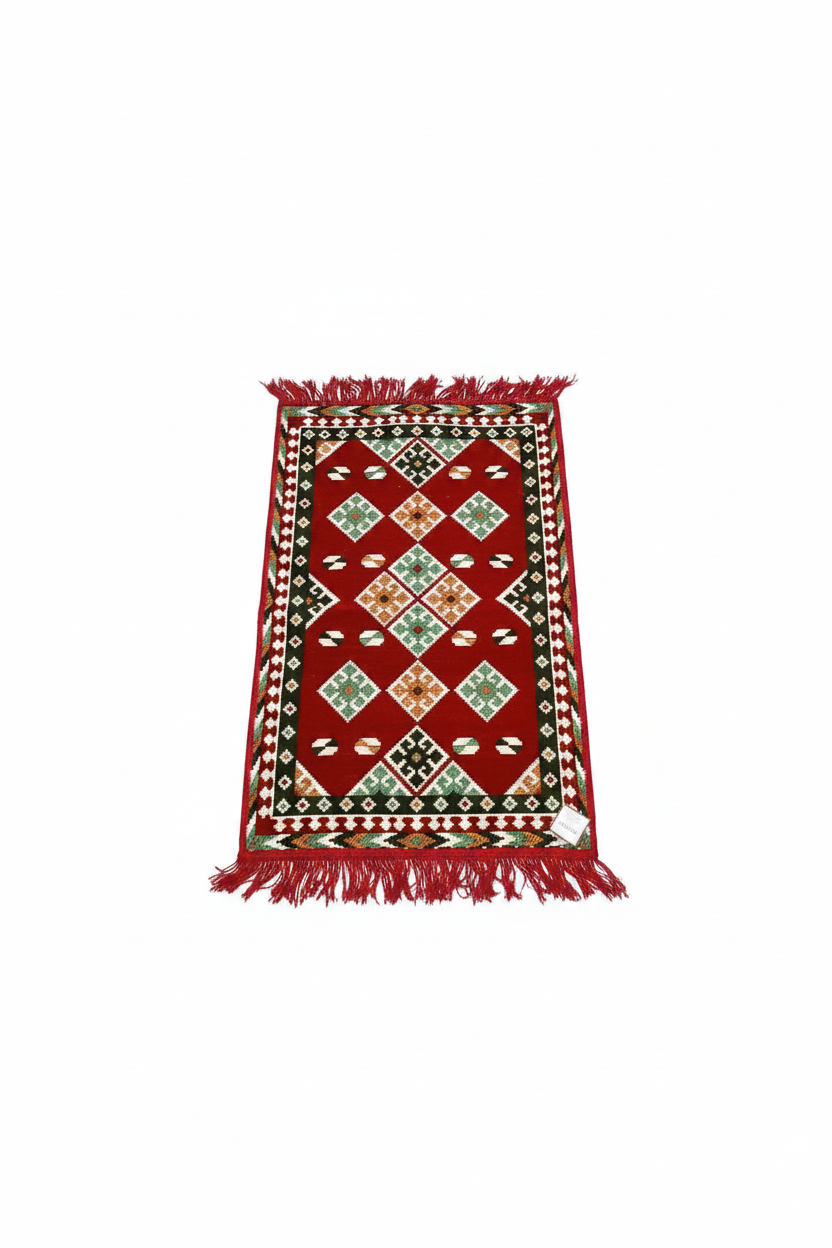 Alfombra tapiz turca kilim 60x90 cm color rojo con rombos y motivos orientales, flecos rojos, fondo blanco