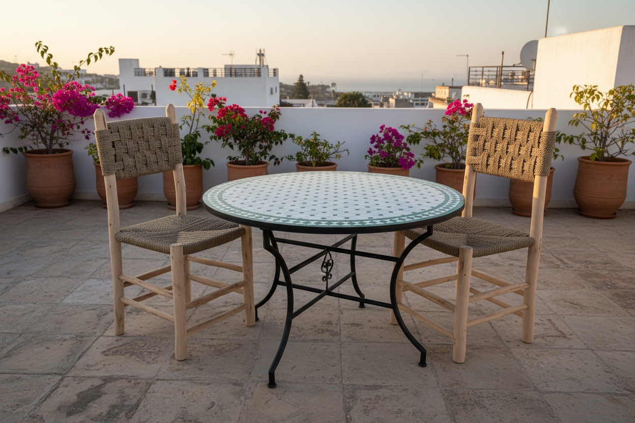 Mesa de mosaico marroquí zellige verde en terraza mediterránea con sillas de eucalipto