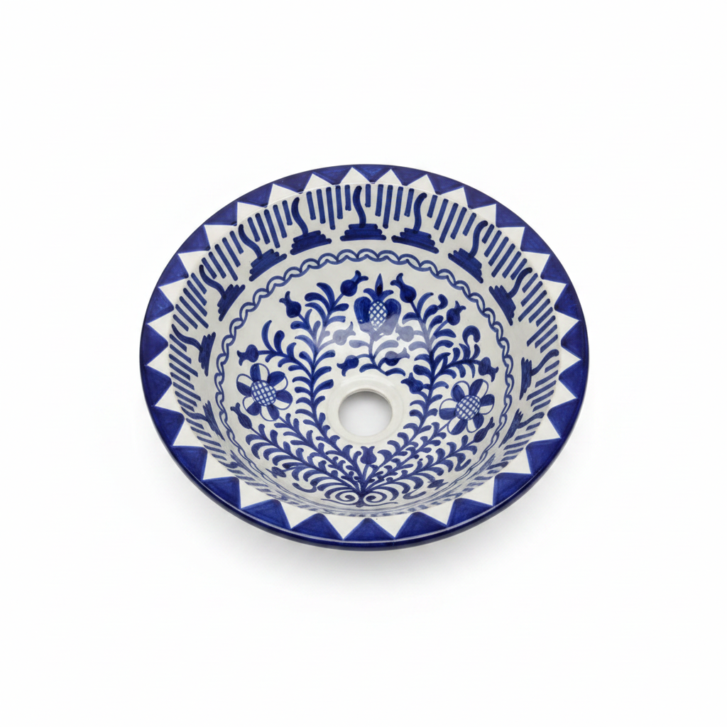 Lavabo artesanal de Fez azul y blanco con motivos florales y geométricos pintados a mano – fondo blanco
