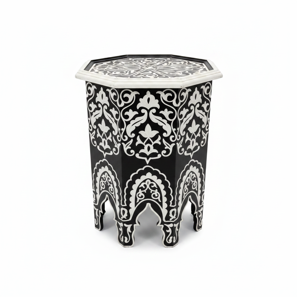 Mesa auxiliar octogonal marroquí negra arabescos blancos fondo blanco