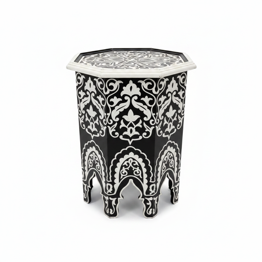 Mesa auxiliar octogonal marroquí negra arabescos blancos fondo blanco