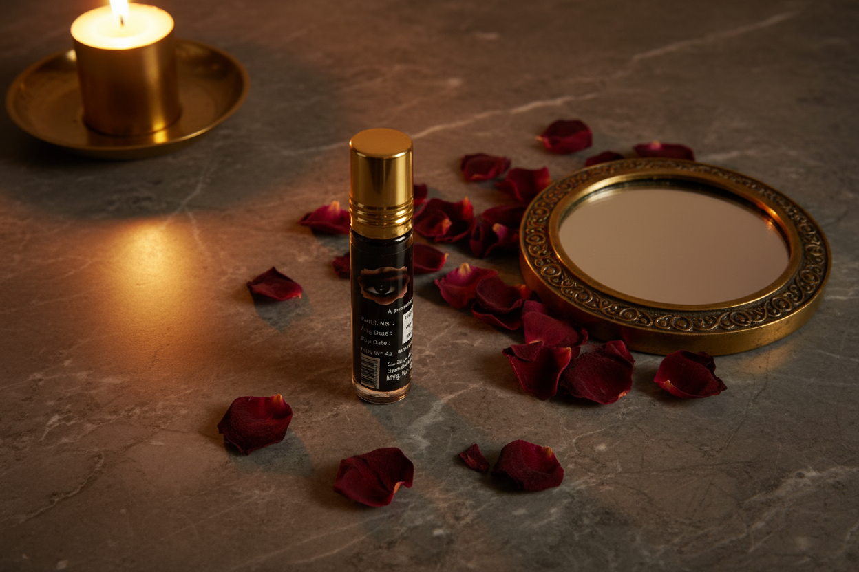 Kohl árabe tradicional con espejo marroquí y pétalos de rosa - lifestyle andalusí