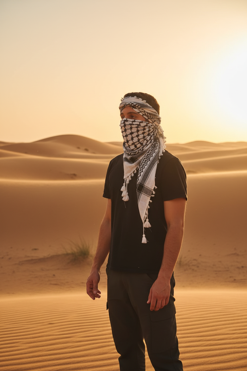 Hombre con kufiya palestina blanco y negro al estilo tuareg del desierto, dunas de arena al atardecer, keffiyeh 100% algodón 120x120 cm