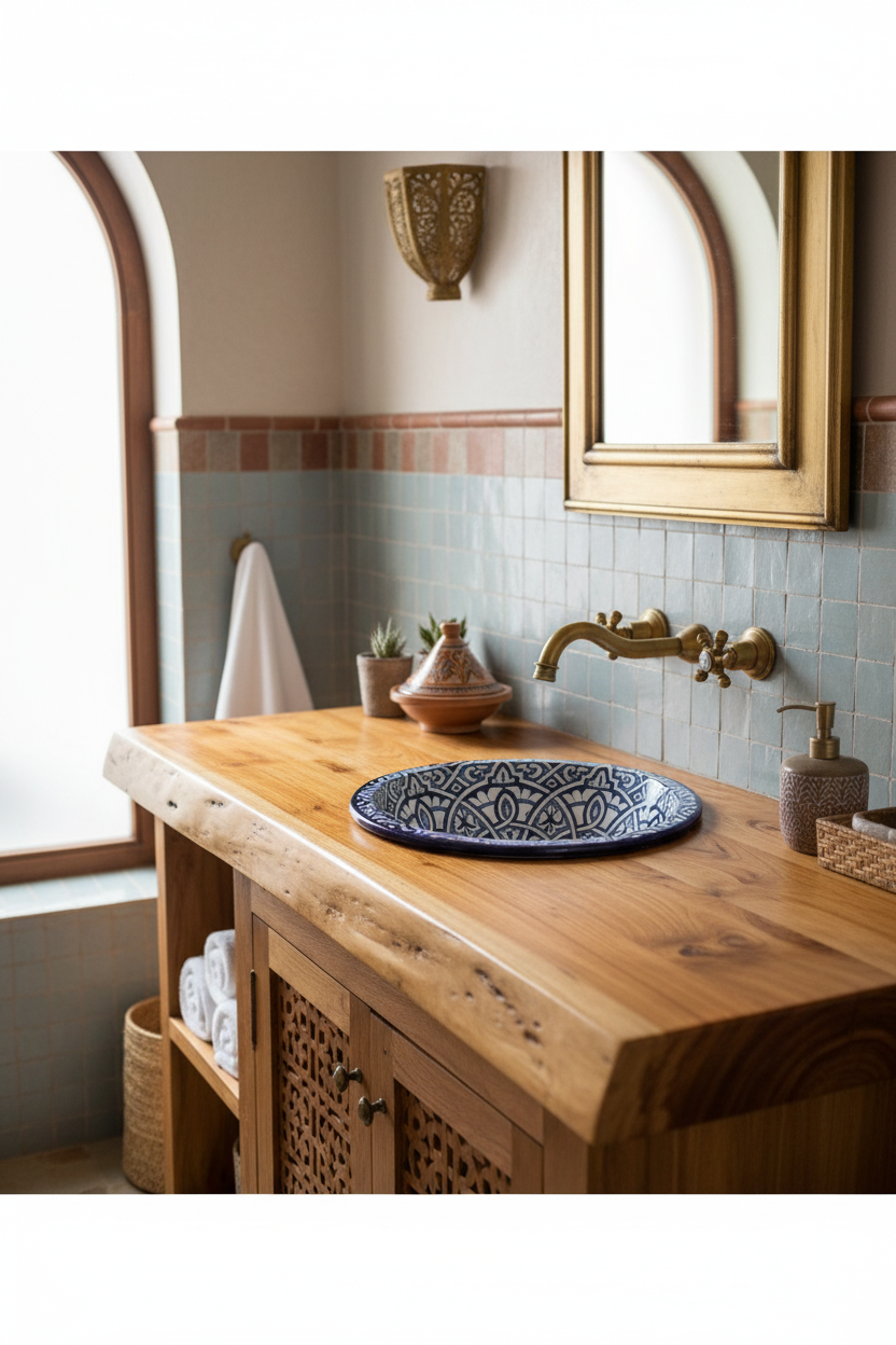 Lavabo marroquí de cerámica azul cobalto embutido en encimera de madera natural – baño estilo marroquí con decoración árabe