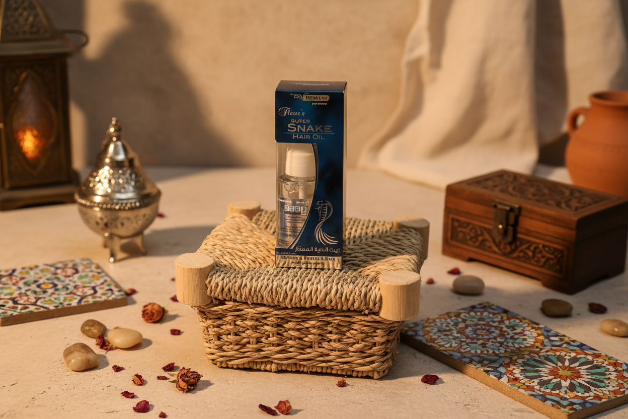 Aceite capilar de serpiente Hemani en ambiente marroquí artesanal