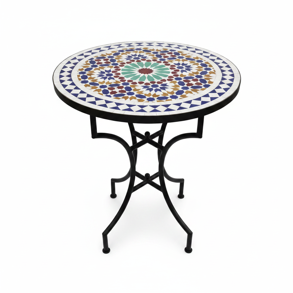 Mesa mosaico zellige estrella Alhambra multicolor sobre fondo blanco – vista de catálogo