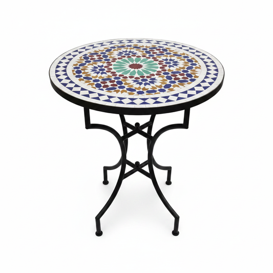 Mesa mosaico zellige estrella Alhambra multicolor sobre fondo blanco – vista de catálogo